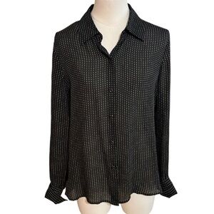ALFANI Button Up Black Gold Dots Silk Long Sleeve Shirt Size 8 M Work Date Night